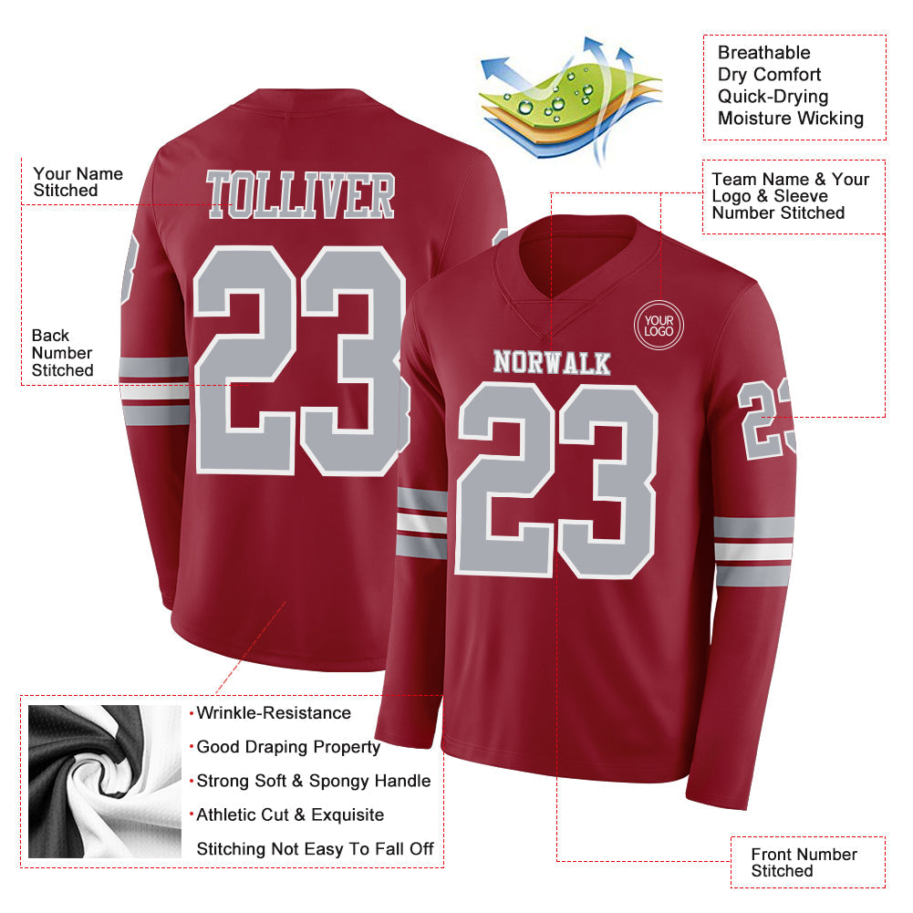 Custom Cardinal Gray-White Long Sleeve Authentic Football Jersey
