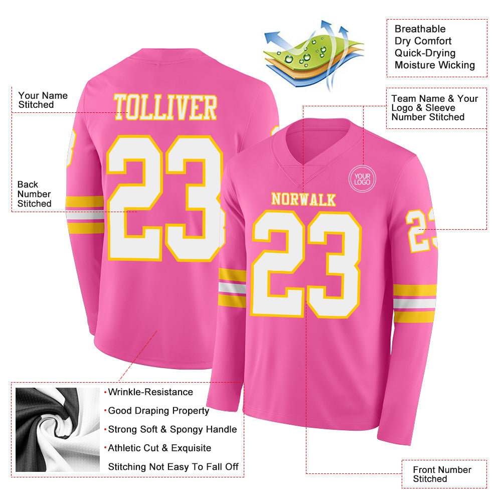 Custom Pink White-Yellow Long Sleeve Authentic Football Jersey