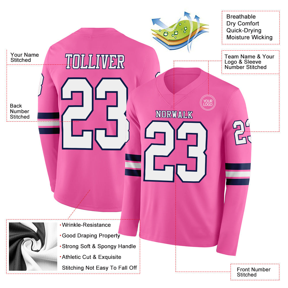Custom Pink White-Navy Long Sleeve Authentic Football Jersey
