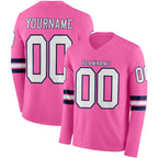 Custom Pink White-Navy Long Sleeve Authentic Football Jersey