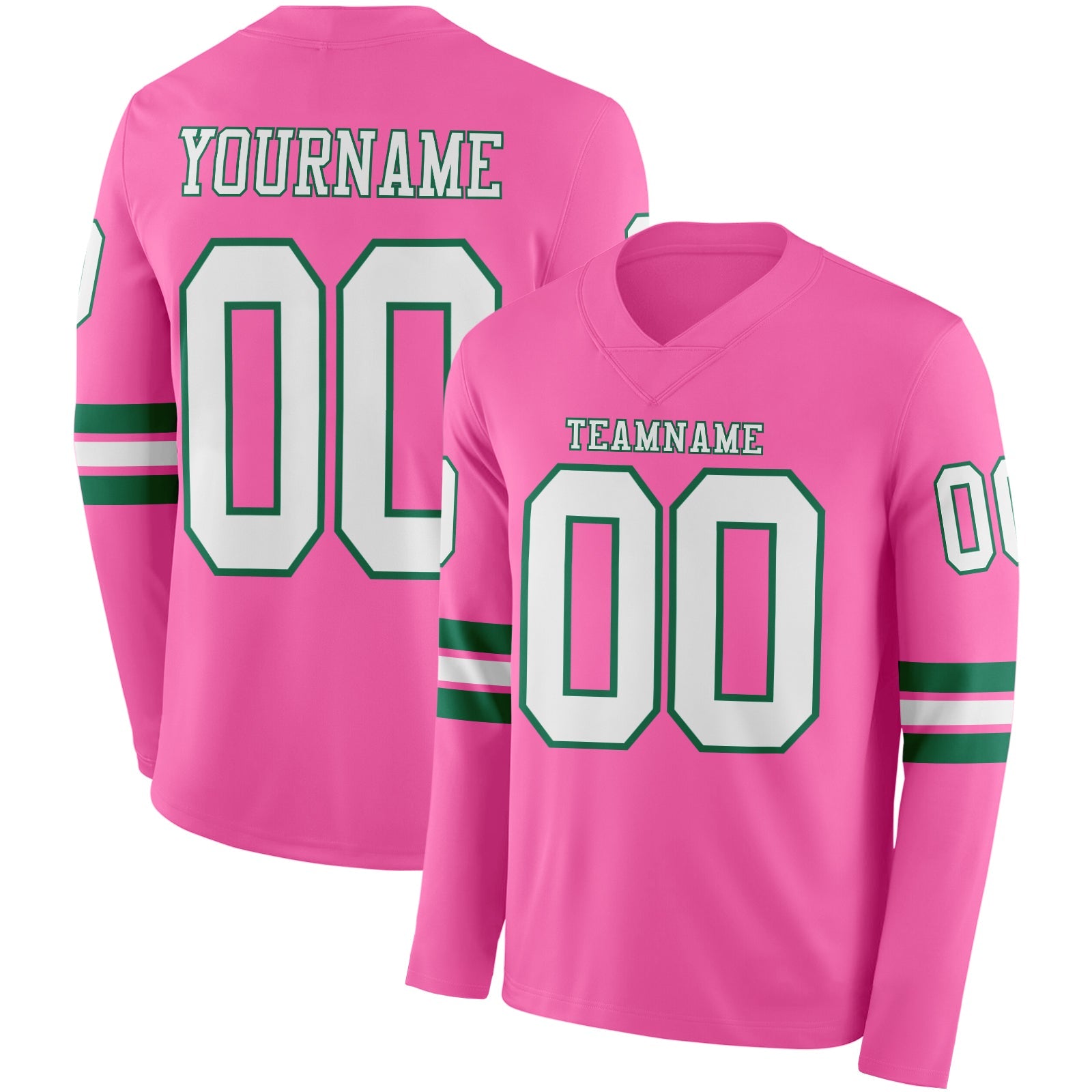 Custom Pink White=Kelly Green Long Sleeve Authentic Football Jersey