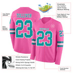 Custom Pink Teal-White Long Sleeve Authentic Football Jersey