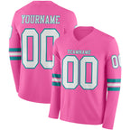 Custom Pink White-Teal Long Sleeve Authentic Football Jersey