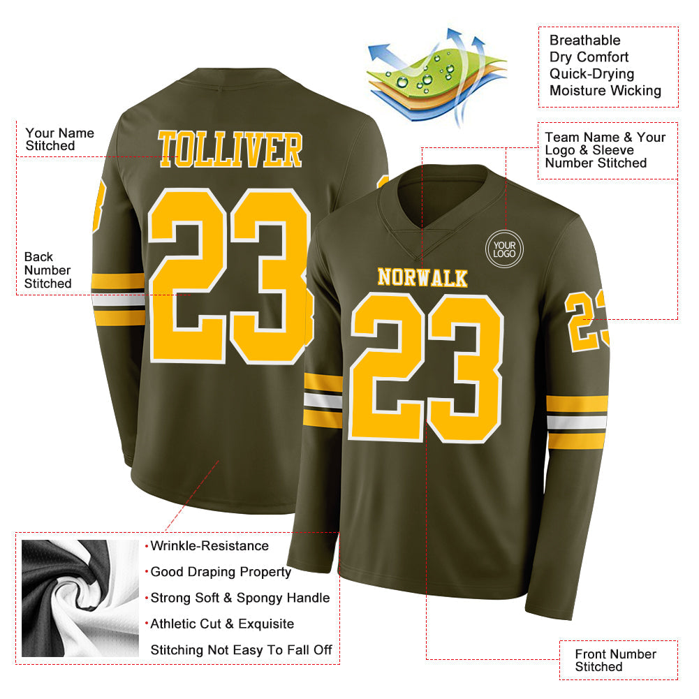 Custom Olive Gold-White Long Sleeve Salute To Service Authentic Football Jersey