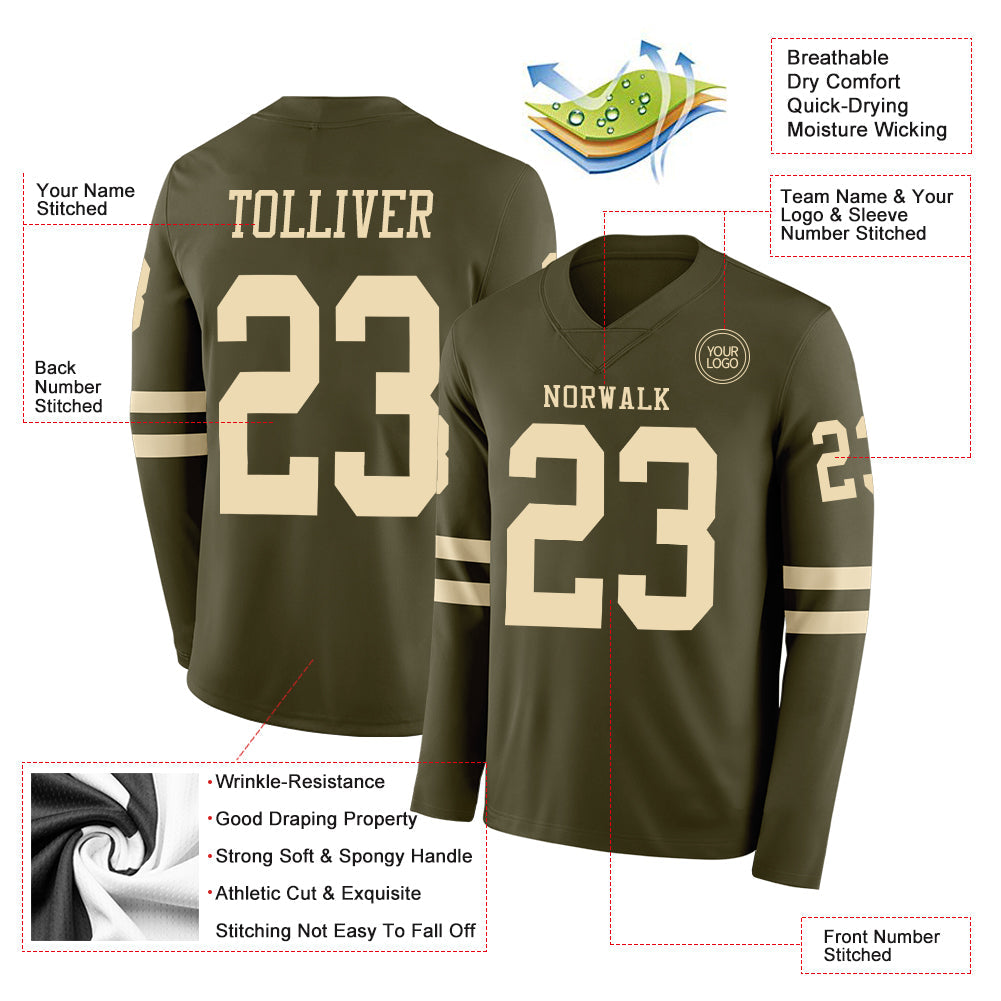 Custom Olive Cream Long Sleeve Salute To Service Authentic Football Jersey