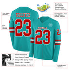 Custom Aqua Red-White Long Sleeve Authentic Football Jersey