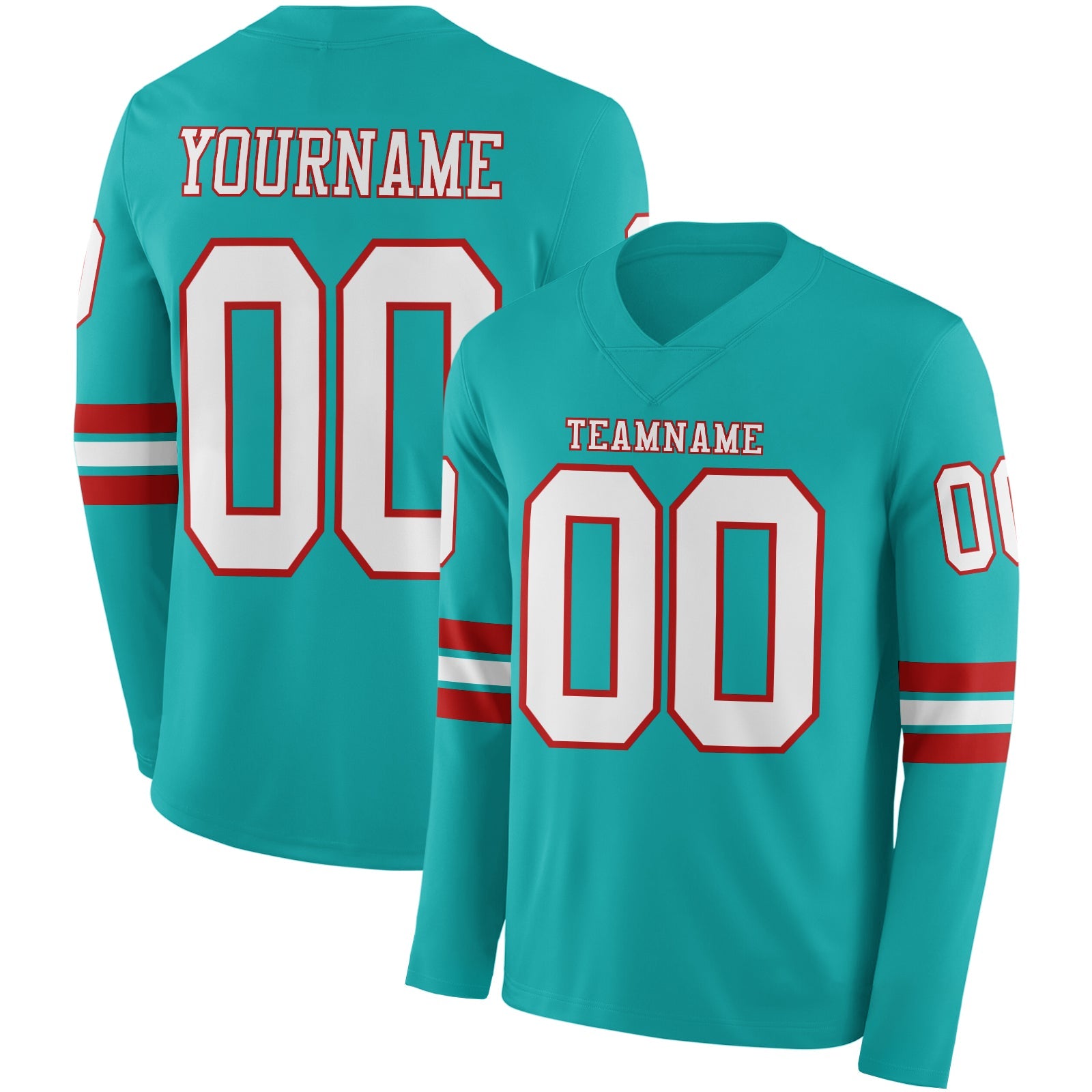 Custom Aqua White-Red Long Sleeve Authentic Football Jersey