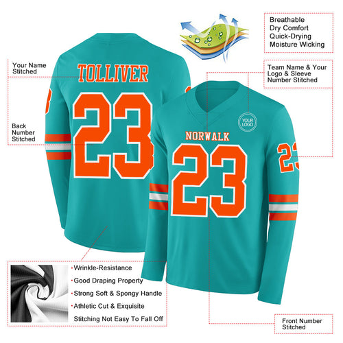 Custom Aqua Orange-White Long Sleeve Authentic Football Jersey