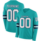 Custom Aqua White-Navy Long Sleeve Authentic Football Jersey