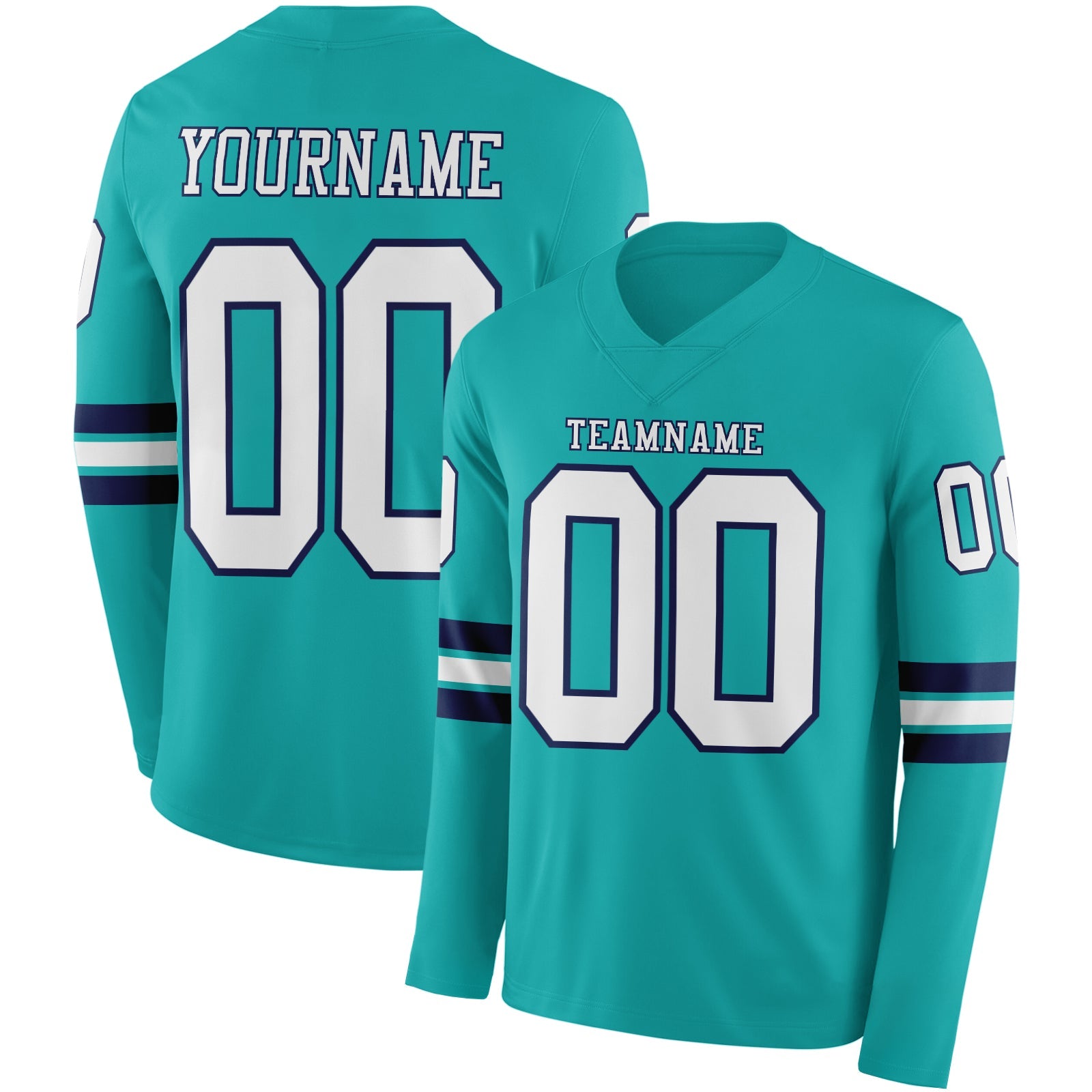 Custom Aqua White-Navy Long Sleeve Authentic Football Jersey