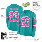 Custom Aqua Pink-White Long Sleeve Authentic Football Jersey
