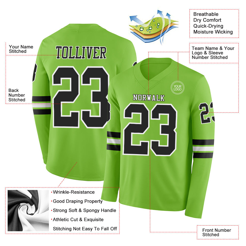 Custom Neon Green Black-White Long Sleeve Authentic Football Jersey