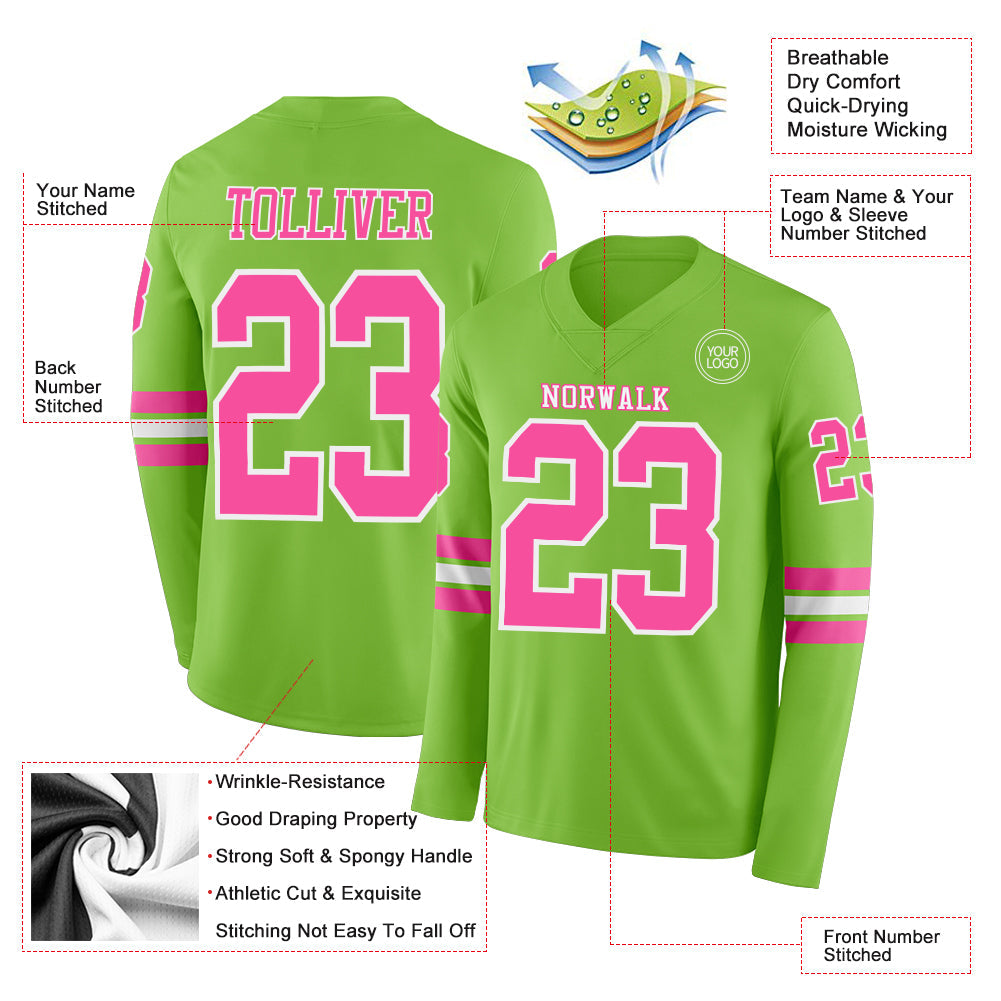 Custom Neon Green Pink-White Long Sleeve Authentic Football Jersey