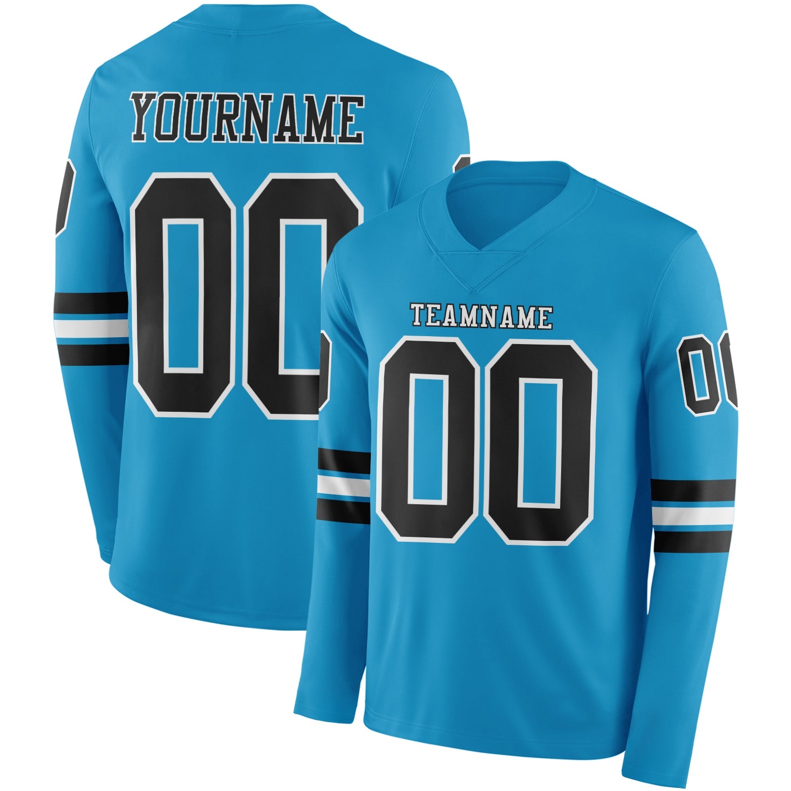 Custom Panther Blue Black-White Long Sleeve Authentic Football Jersey
