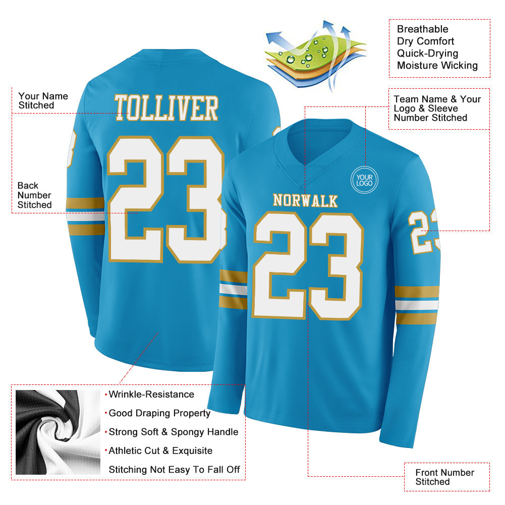 Custom Panther Blue White-Old Gold Long Sleeve Authentic Football Jersey