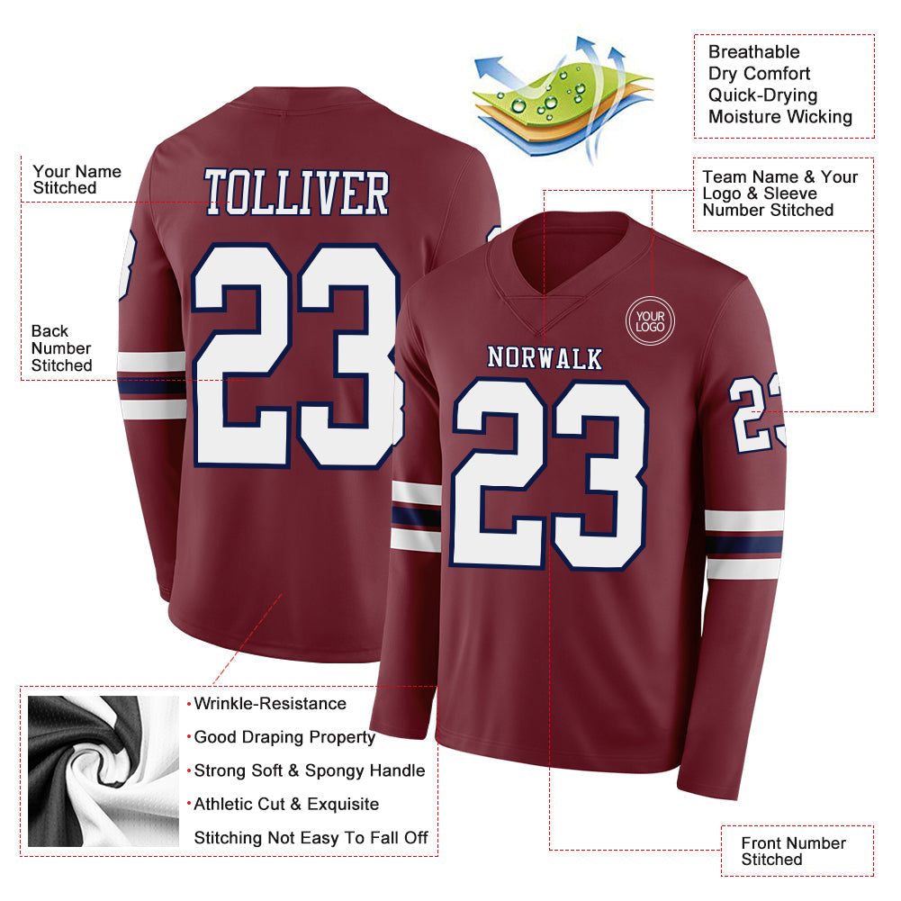 Custom Burgundy White-Navy Long Sleeve Authentic Football Jersey