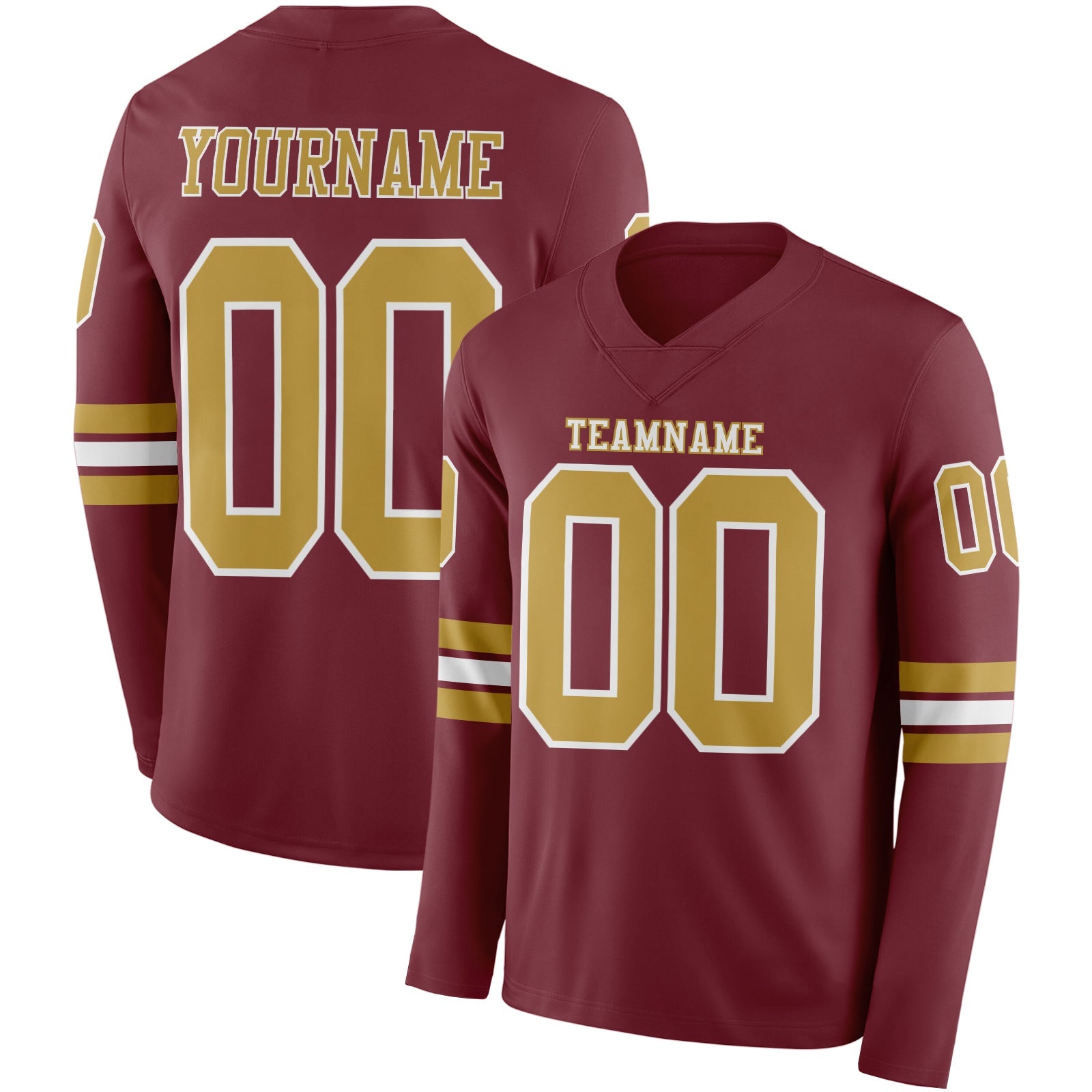 Custom Burgundy Old Gold-White Long Sleeve Authentic Football Jersey