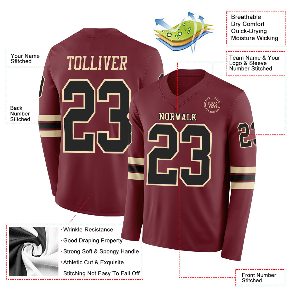 Custom Burgundy Black-Cream Long Sleeve Authentic Football Jersey