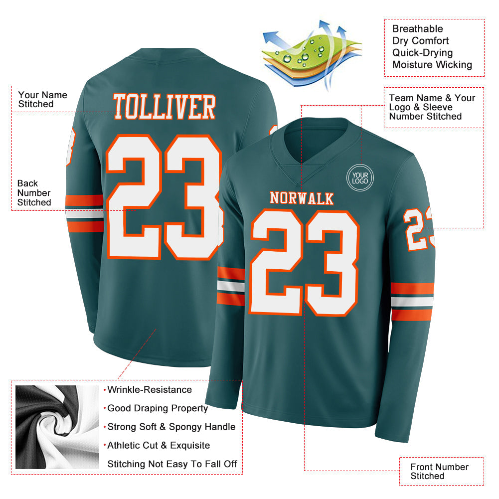 Custom Midnight Green White-Orange Long Sleeve Authentic Football Jersey