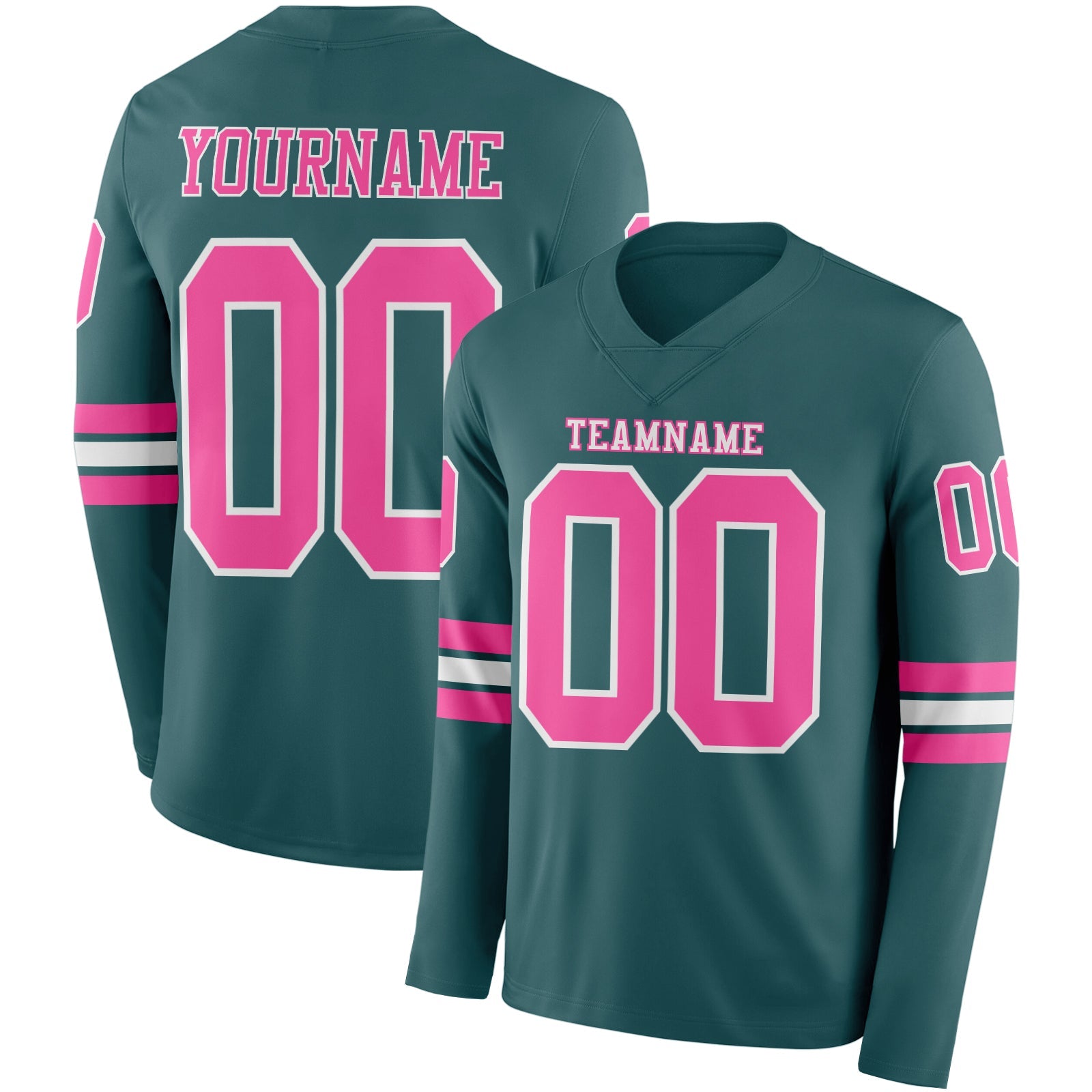 Custom Midnight Green Pink-White Long Sleeve Authentic Football Jersey