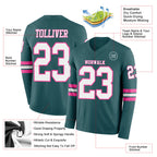 Custom Midnight Green White-Pink Long Sleeve Authentic Football Jersey