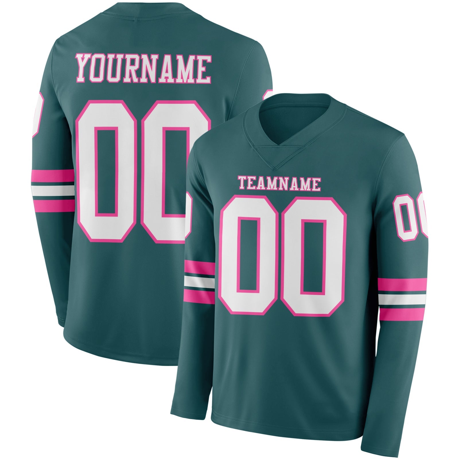 Custom Midnight Green White-Pink Long Sleeve Authentic Football Jersey