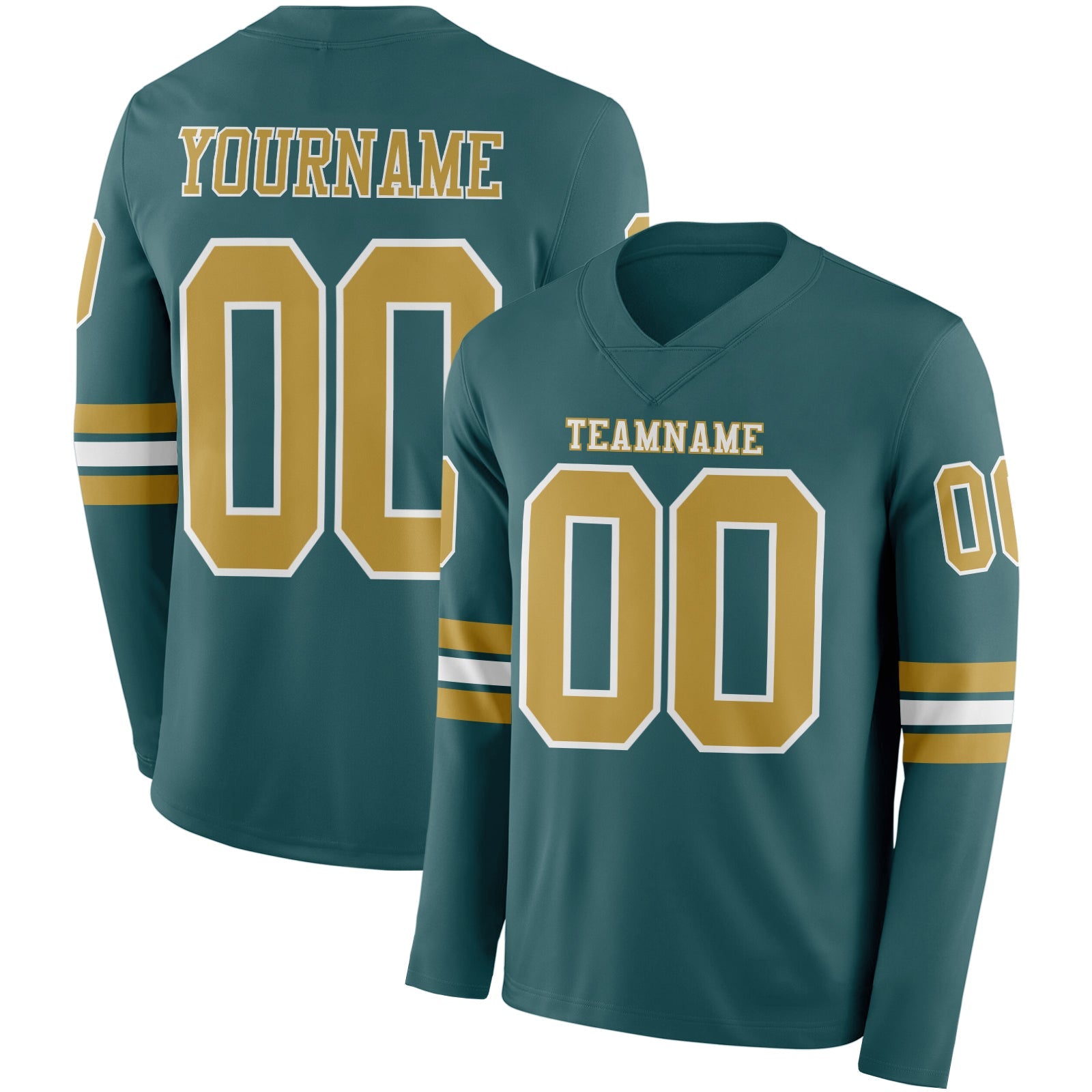 Custom Midnight Green Old Gold-White Long Sleeve Authentic Football Jersey