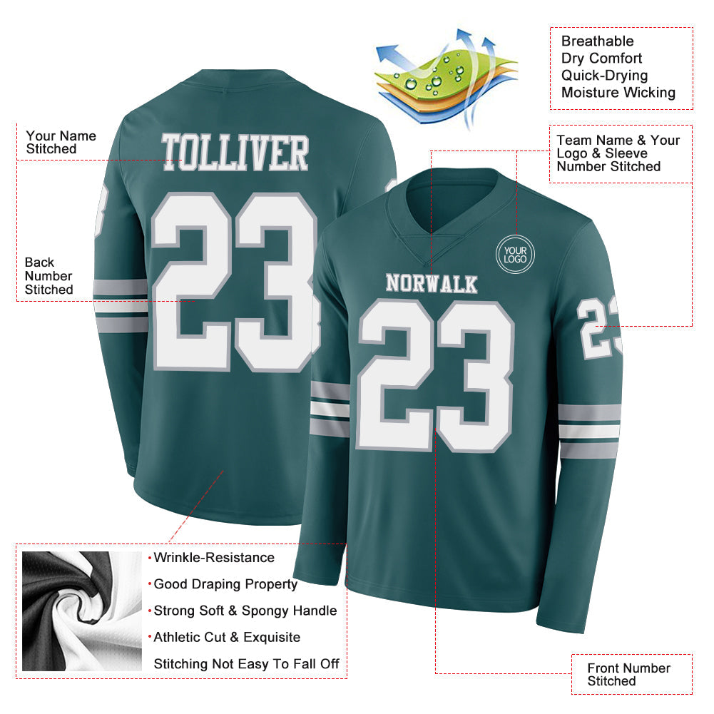Custom Midnight Green White-Gray Long Sleeve Authentic Football Jersey