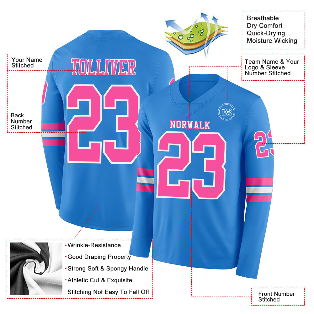 Custom Powder Blue Pink-White Long Sleeve Authentic Football Jersey