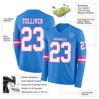 Custom Powder Blue White-Pink Long Sleeve Authentic Football Jersey
