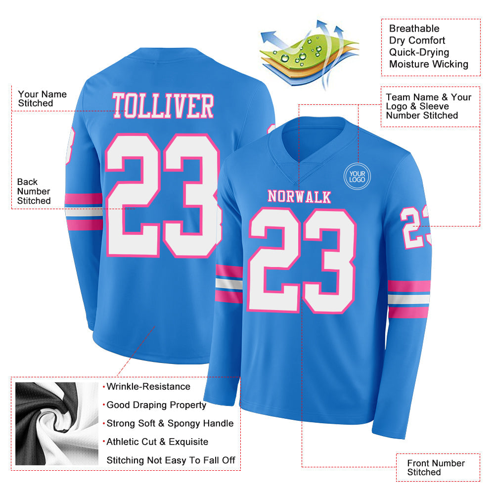Custom Powder Blue White-Pink Long Sleeve Authentic Football Jersey