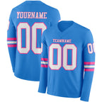 Custom Powder Blue White-Pink Long Sleeve Authentic Football Jersey