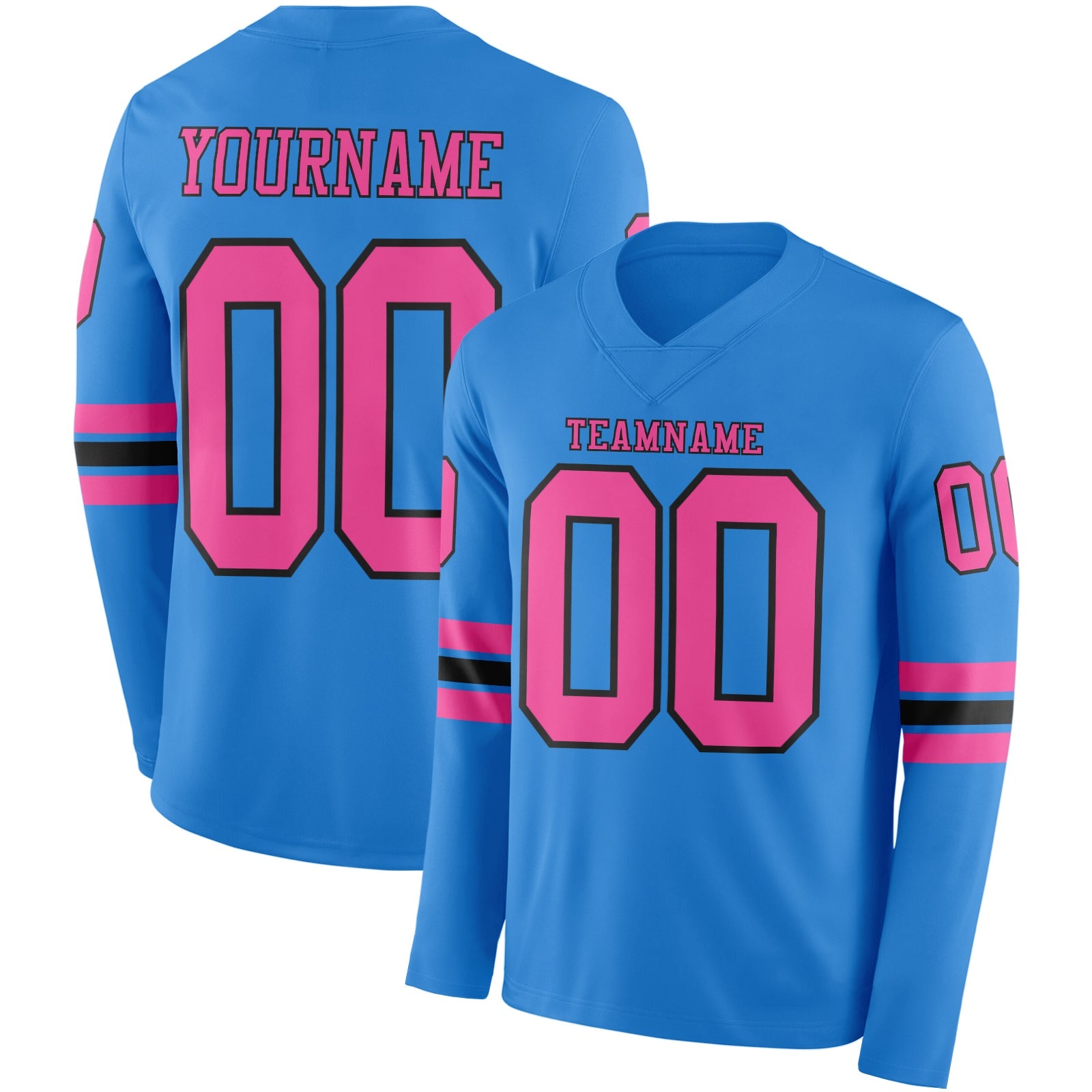 Custom Powder Blue Pink-Black Long Sleeve Authentic Football Jersey