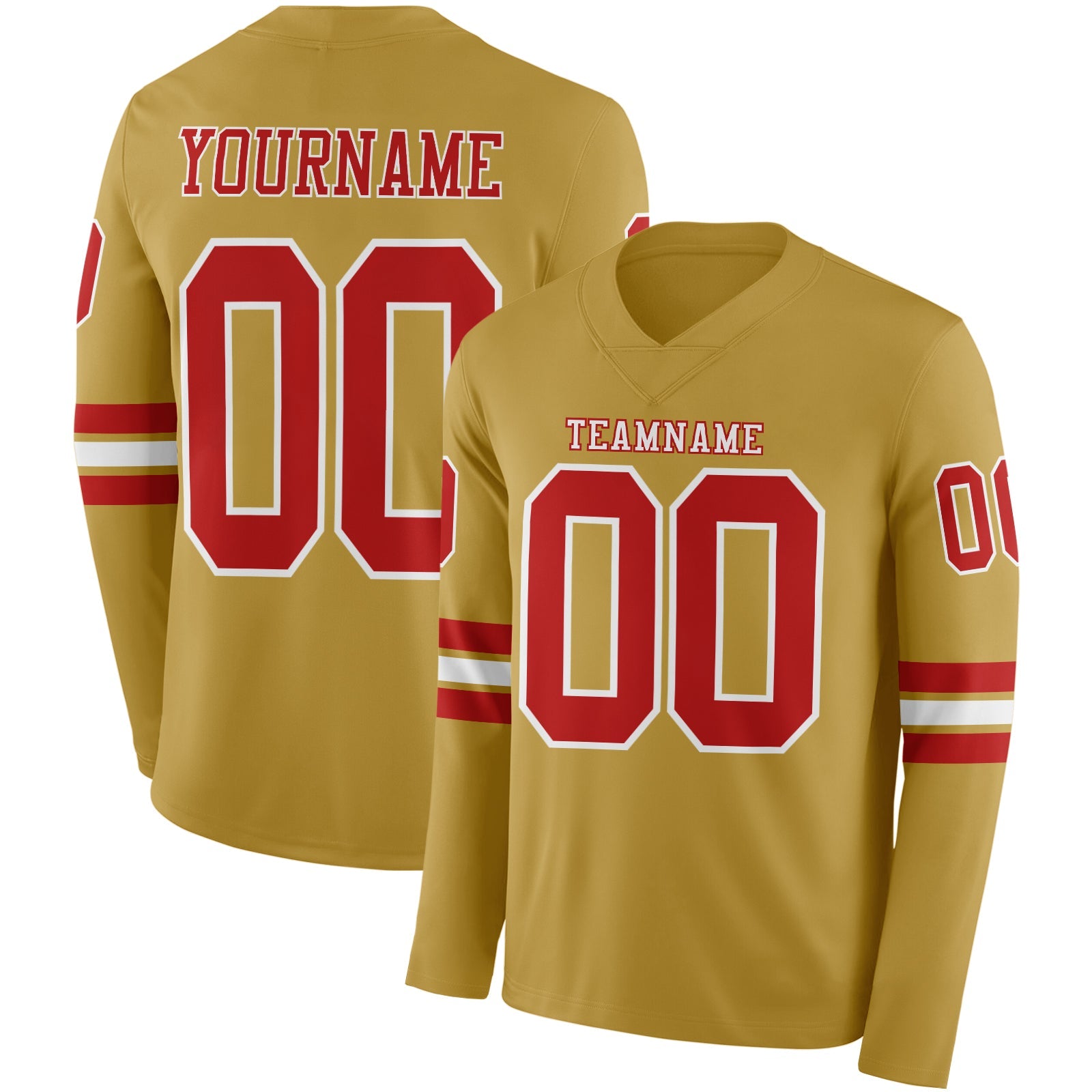Custom Old Gold Red-White Long Sleeve Authentic Football Jersey