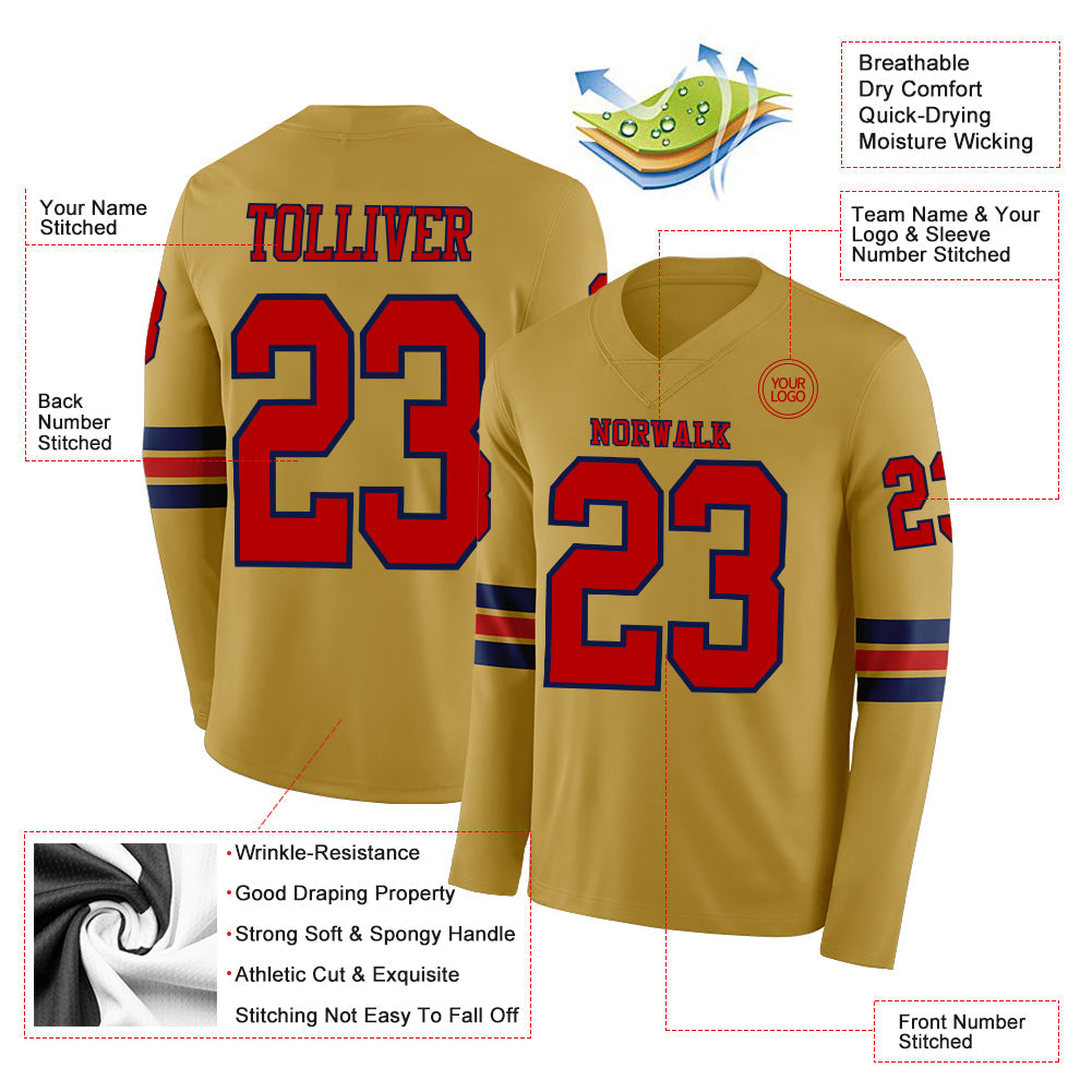 Custom Old Gold Red-Navy Long Sleeve Authentic Football Jersey
