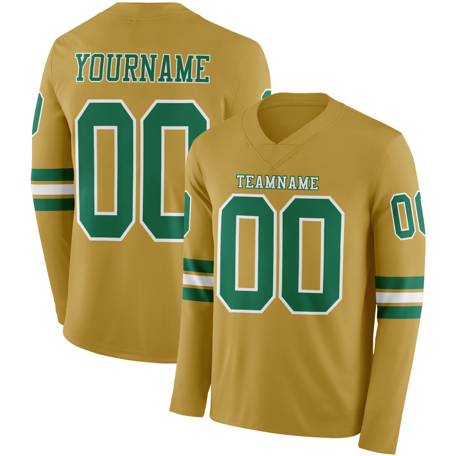 Custom Old Gold Kelly Green-White Long Sleeve Authentic Football Jersey