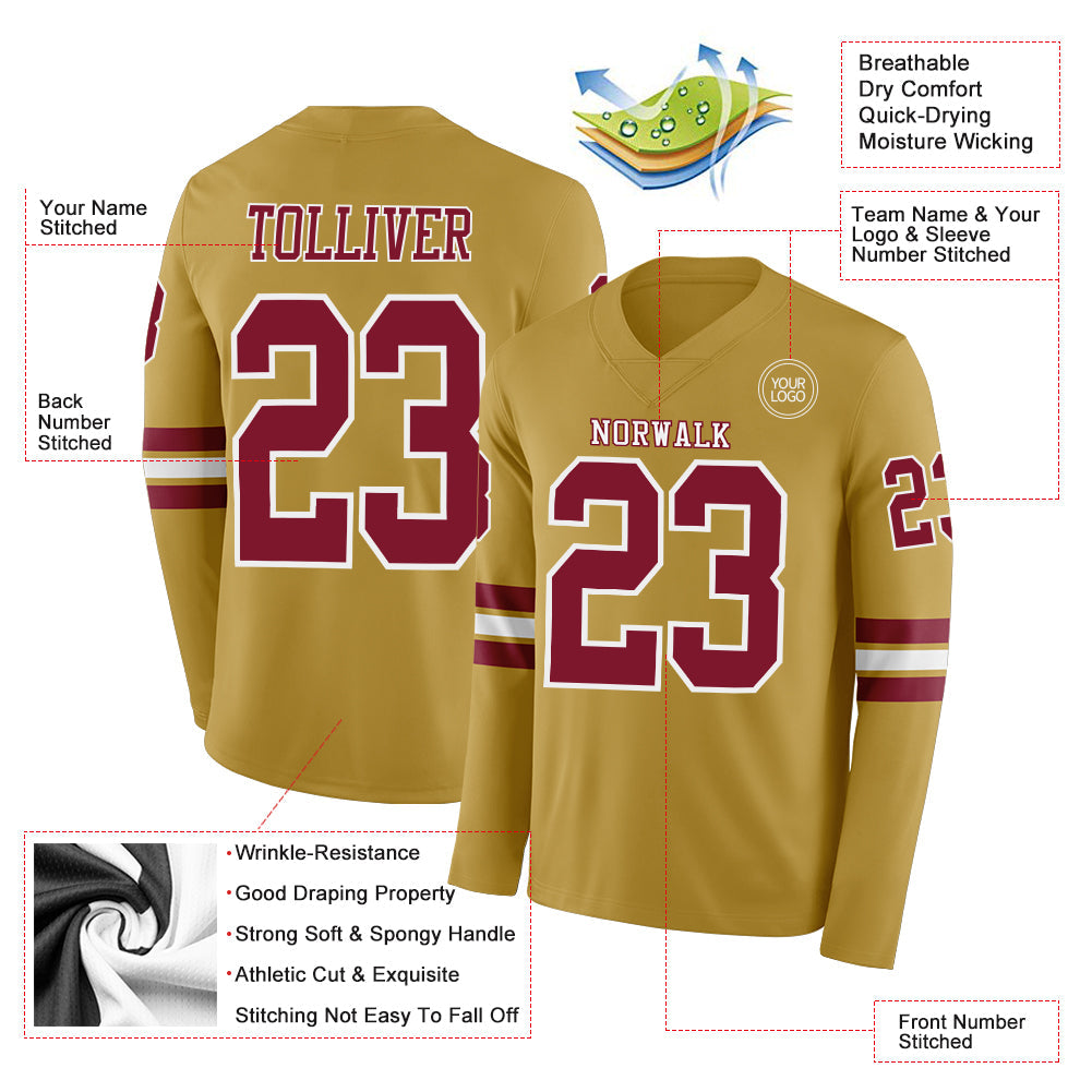 Custom Old Gold Crimson-White Long Sleeve Authentic Football Jersey