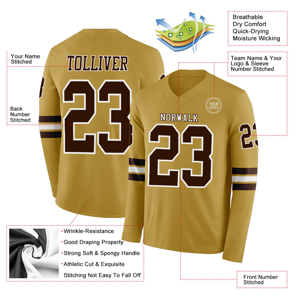 Custom Old Gold Brown-White Long Sleeve Authentic Football Jersey