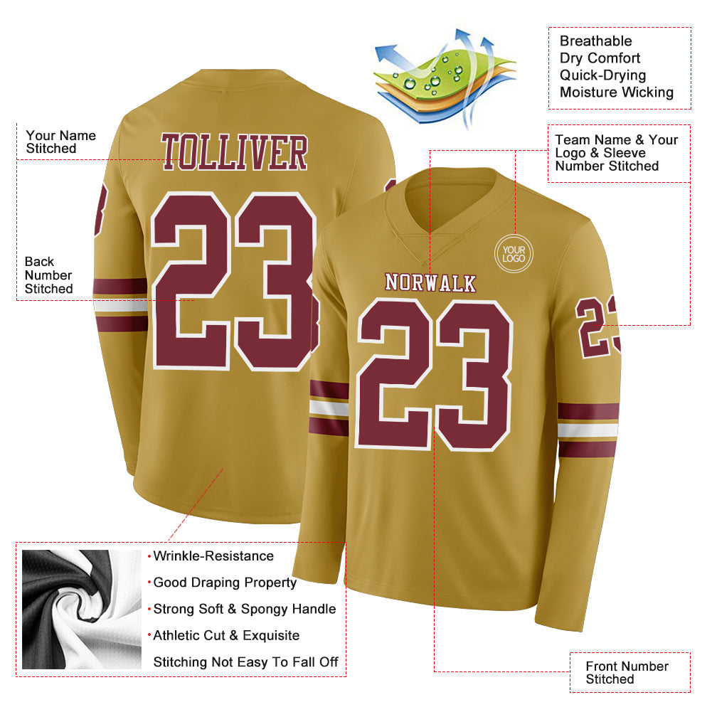 Custom Old Gold Burgundy-White Long Sleeve Authentic Football Jersey