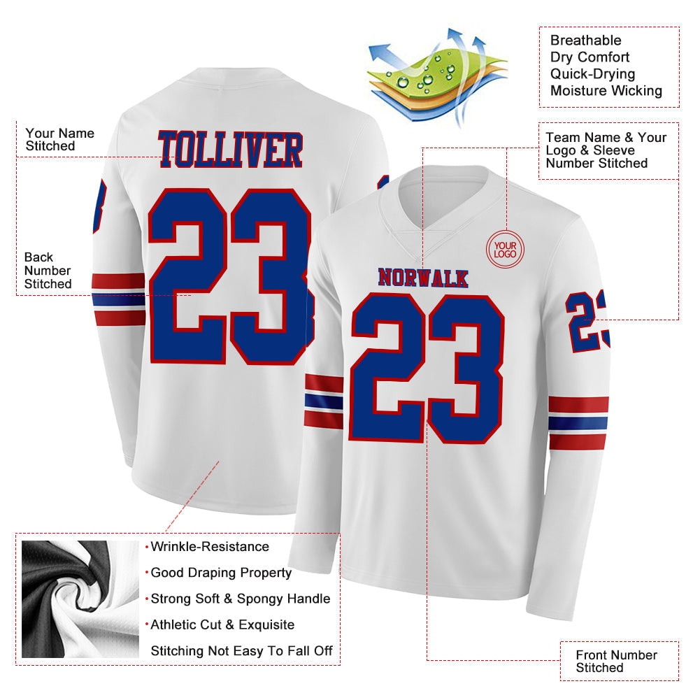 Custom White Royal-Red Long Sleeve Authentic Football Jersey