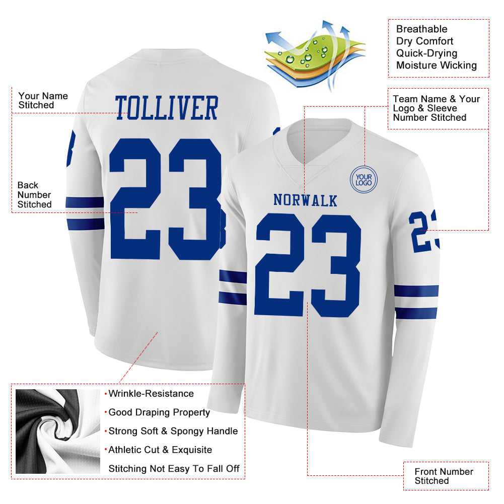 Custom White Royal Long Sleeve Authentic Football Jersey
