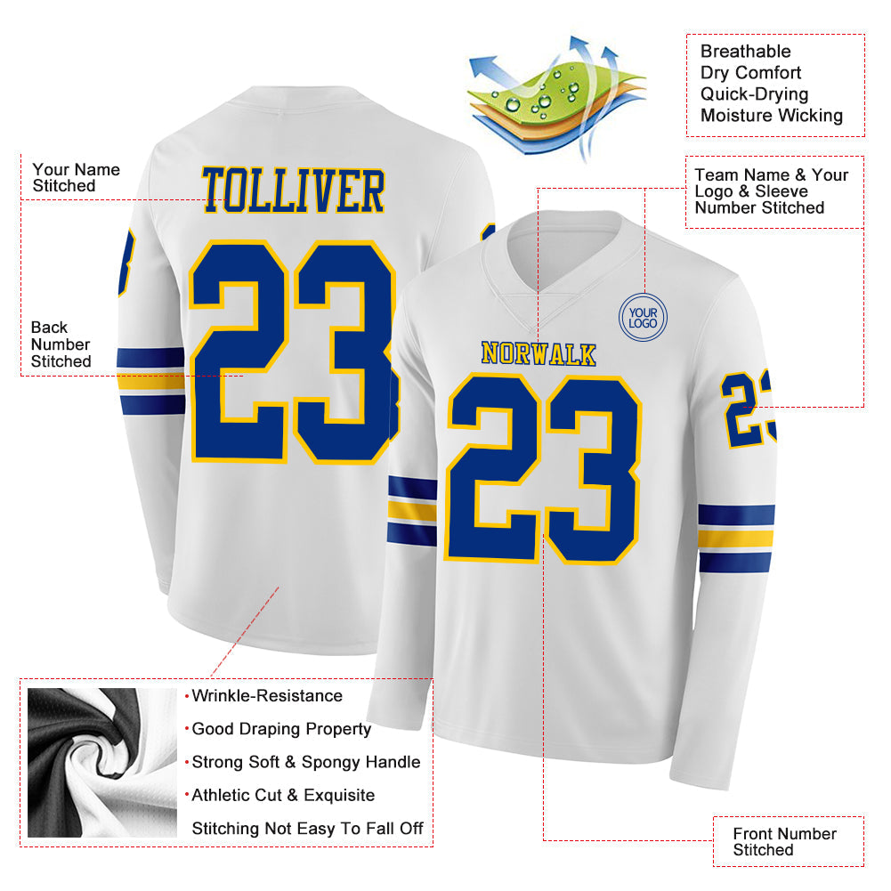 Custom White Royal-Yellow Long Sleeve Authentic Football Jersey