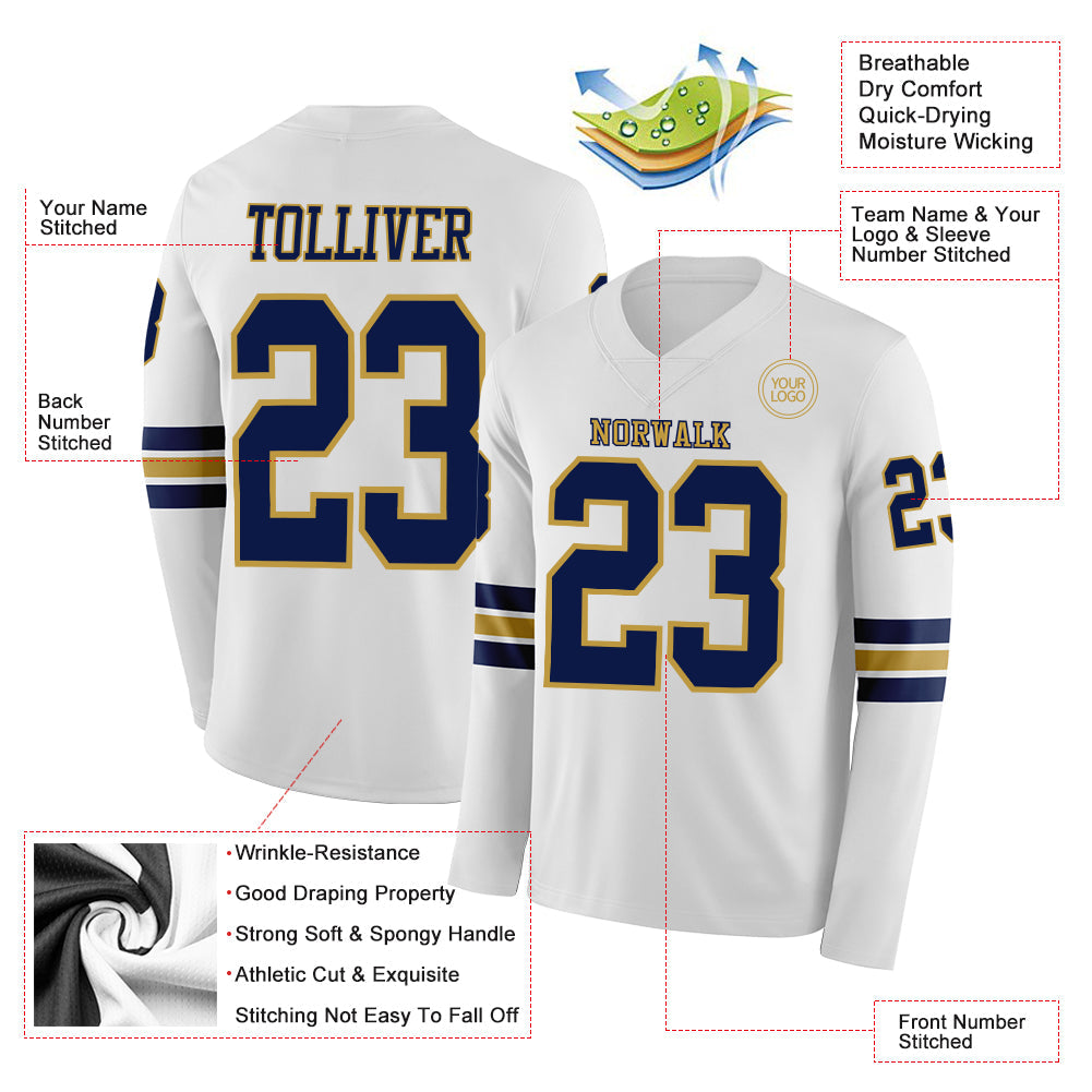 Custom White Navy-Old Gold Long Sleeve Authentic Football Jersey