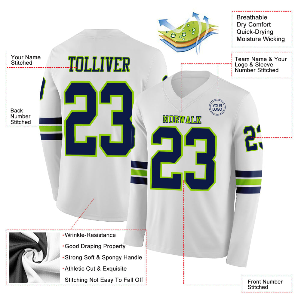 Custom White Navy-Neon Green Long Sleeve Authentic Football Jersey