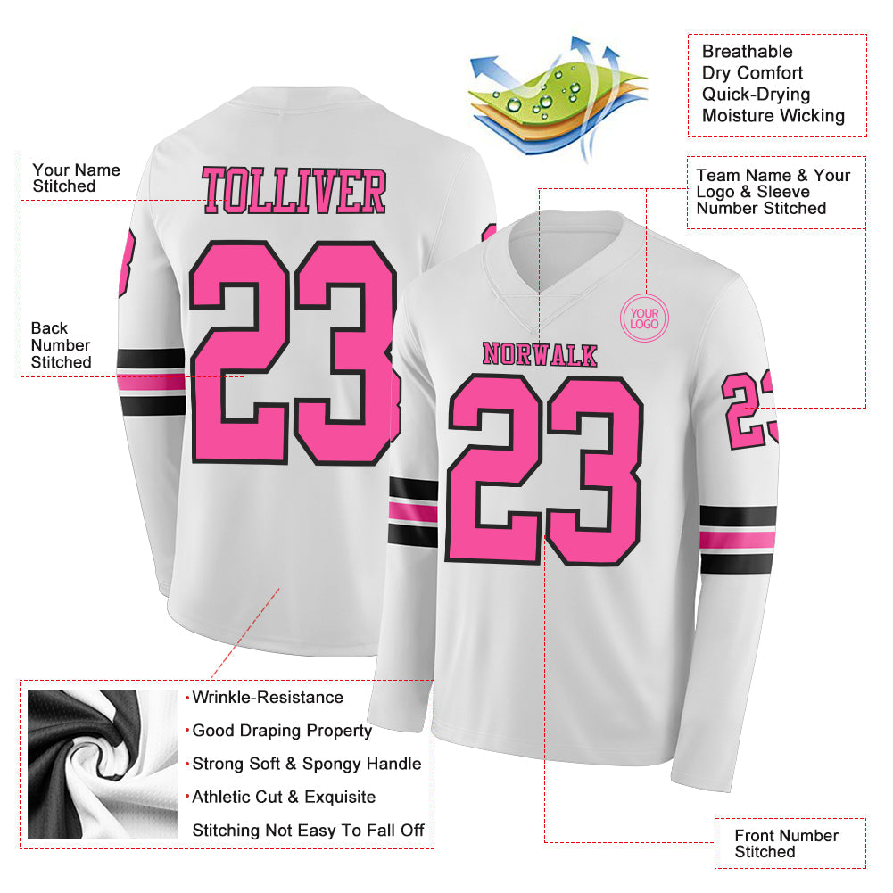 Custom White Pink-Black Long Sleeve Authentic Football Jersey