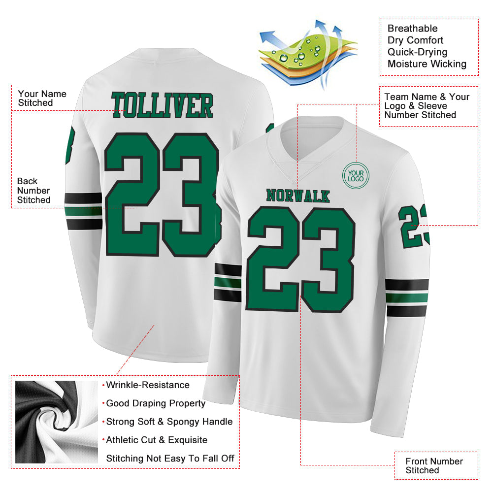 Custom White Kelly Green-Black Long Sleeve Authentic Football Jersey