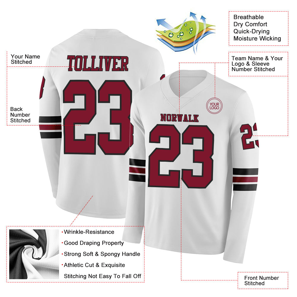 Custom White Crimson-Black Long Sleeve Authentic Football Jersey