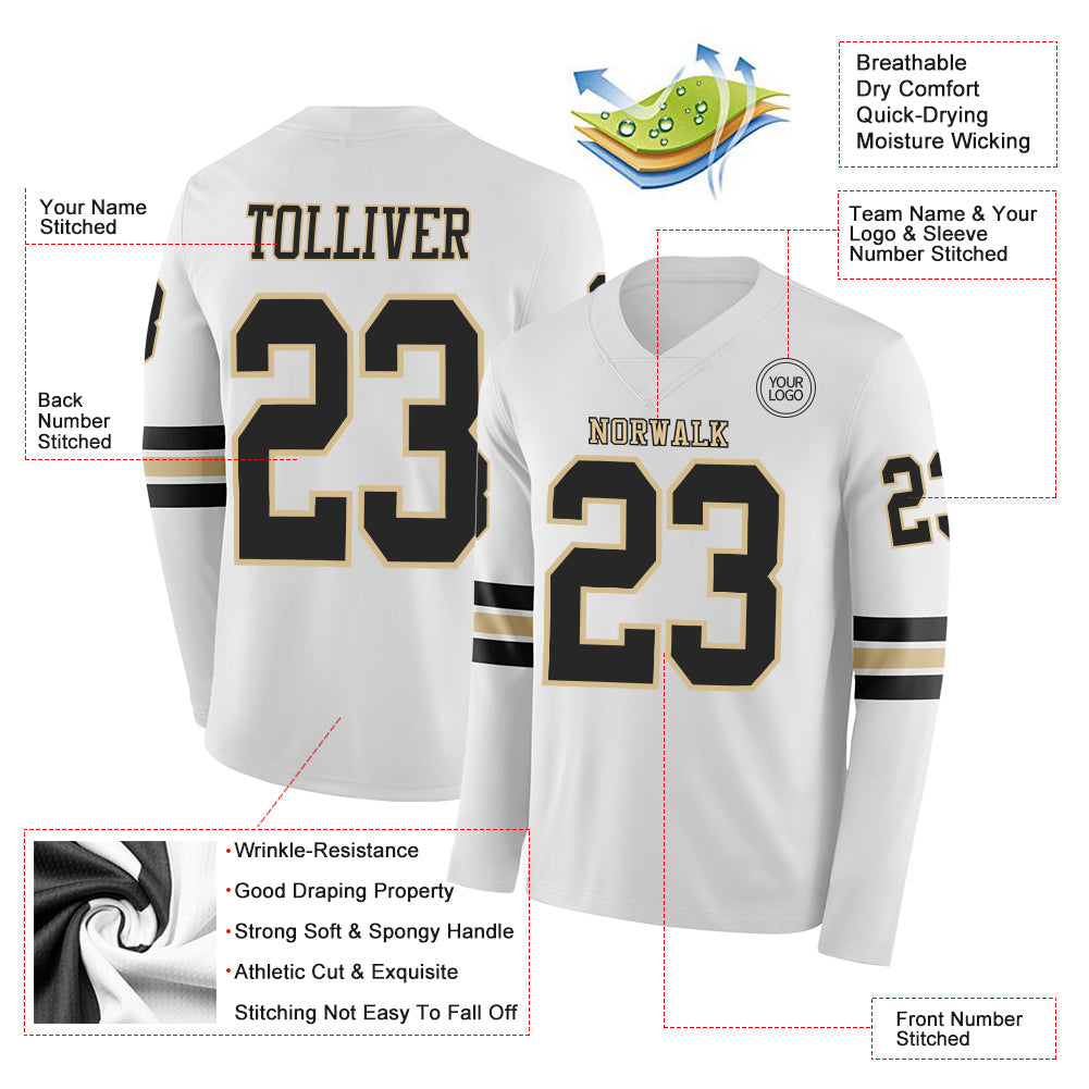 Custom White Black-Vegas Gold Long Sleeve Authentic Football Jersey