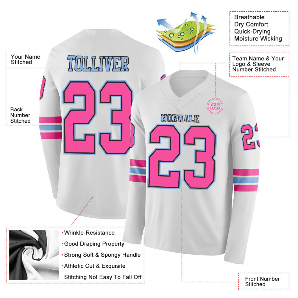 Custom White Pink Black-Light Blue Long Sleeve Authentic Football Jersey