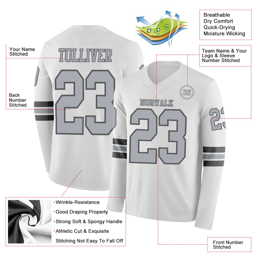Custom White Gray-Steel Gray Long Sleeve Authentic Football Jersey